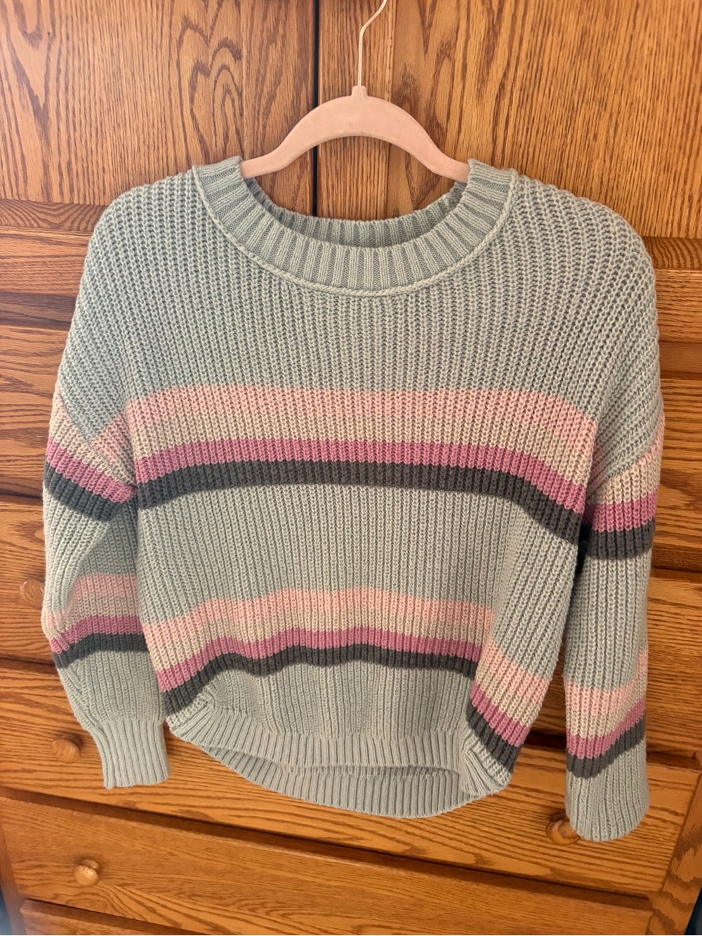 SO Mint Green Striped Crewneck Sweater with Pink and Charcoal Bands
